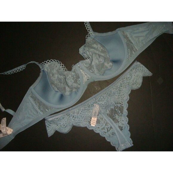 Victoria's Secret unlined 34C BRA SET S Thong BLUE GRAY silver foil embroidered - Picture 3 of 3